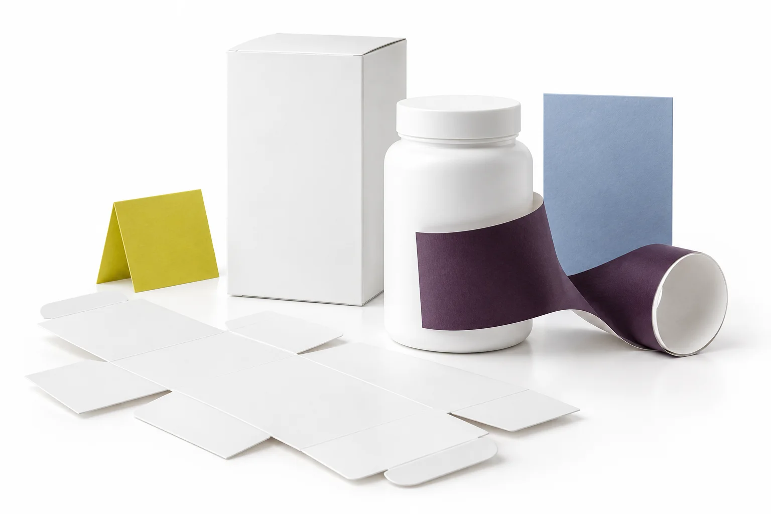 Unfolded carton and label being wrapped around a white supplement bottle