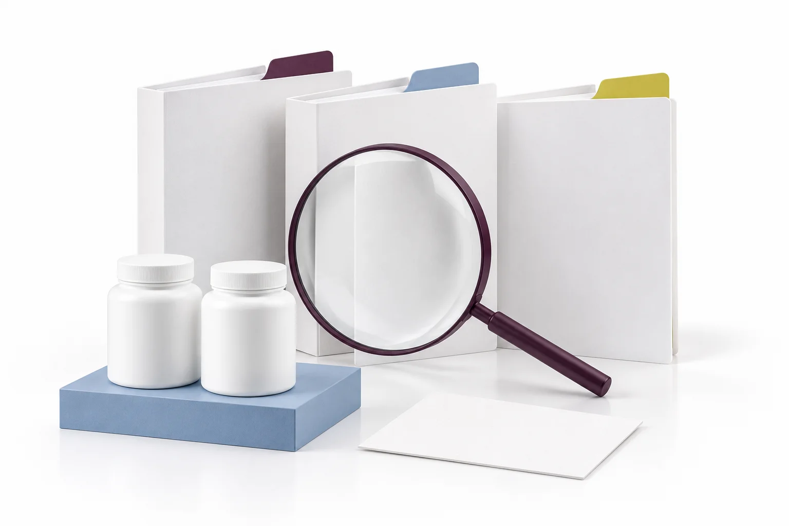 Supplier dossiers, magnifying glass and product samples