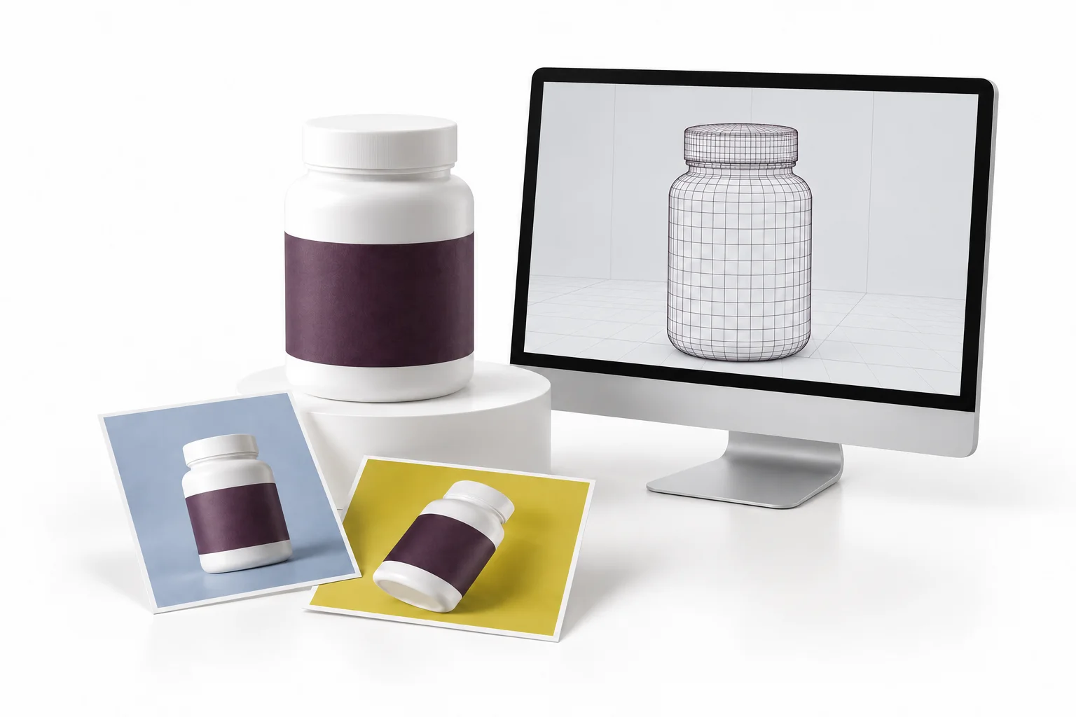 Supplement bottle beside a full wireframe 3D model of the same bottle and product image cards
