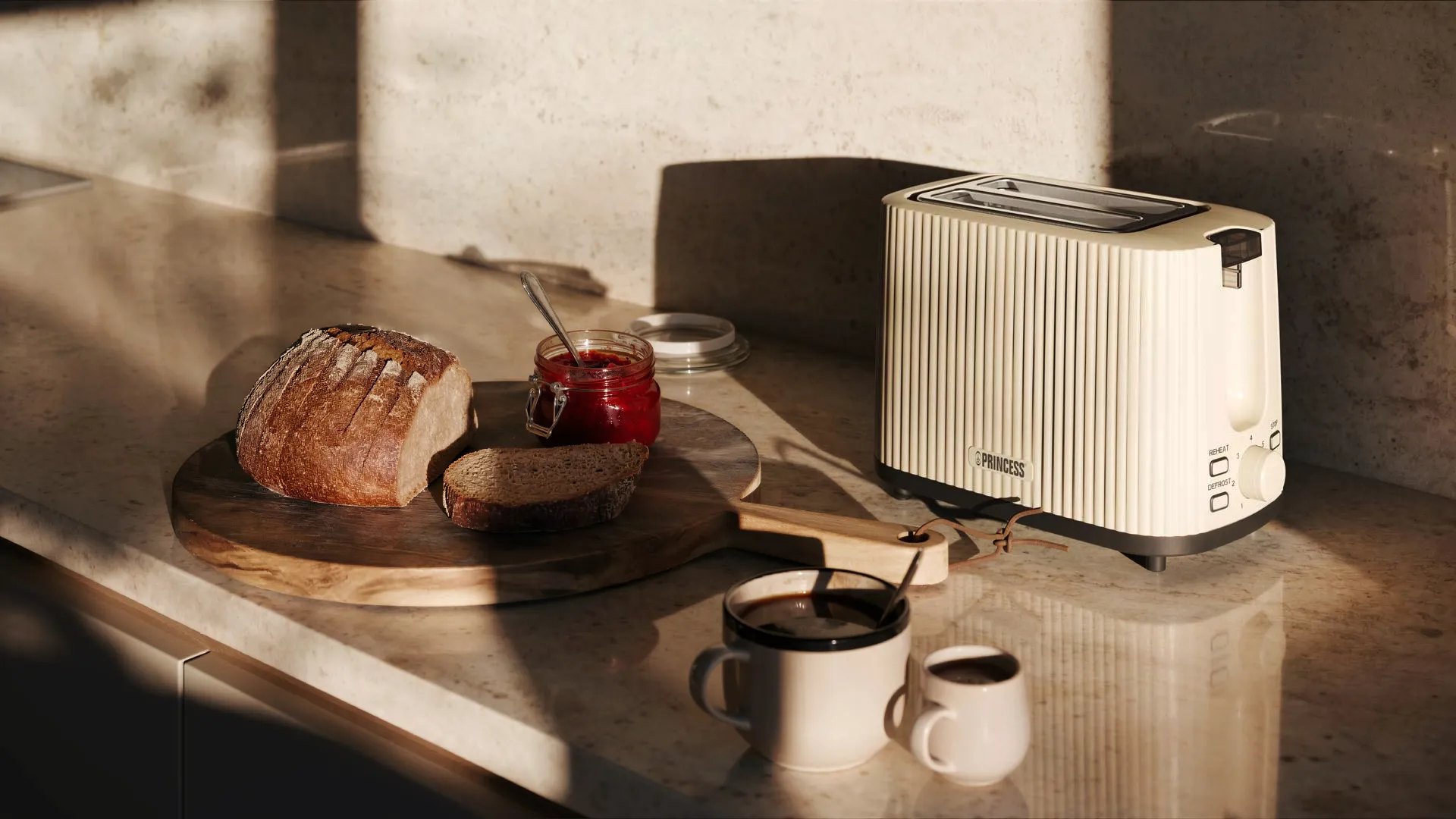 Princess Wave toaster on a kitchen worktop with bread, jam and cups, visualised by WithoutCamera